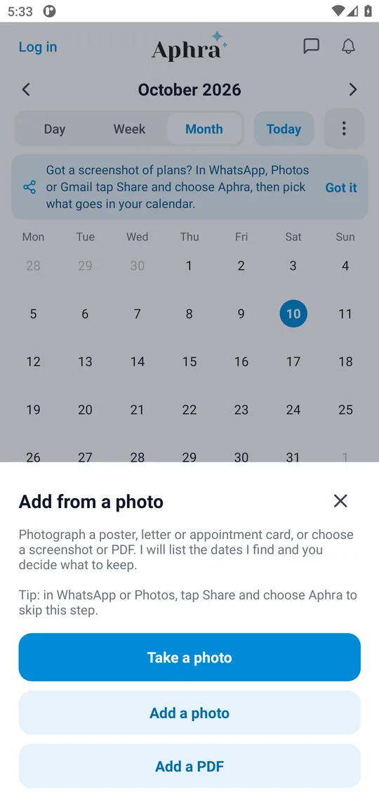 The Aphra calendar with the photo options open: Take a photo, Add a photo and Add a PDF.