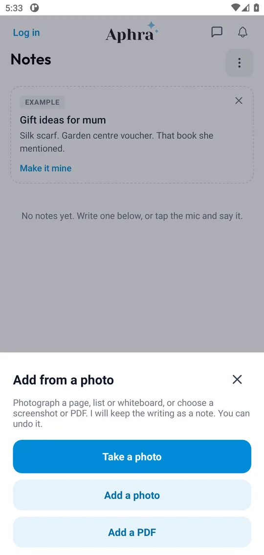 The Aphra Notes screen with the photo options open, beside saved notes and a Write a note box.