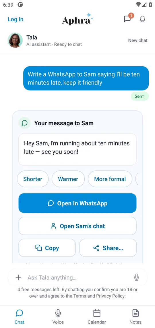 The Aphra app showing a WhatsApp message to Sam drafted in the user's own voice, with Shorter, Warmer and More formal buttons, Open in WhatsApp, Open Sam's chat, Copy and Share.