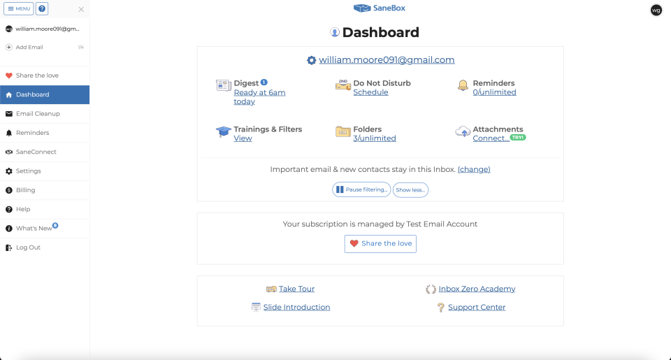 SaneBox AI email management dashboard